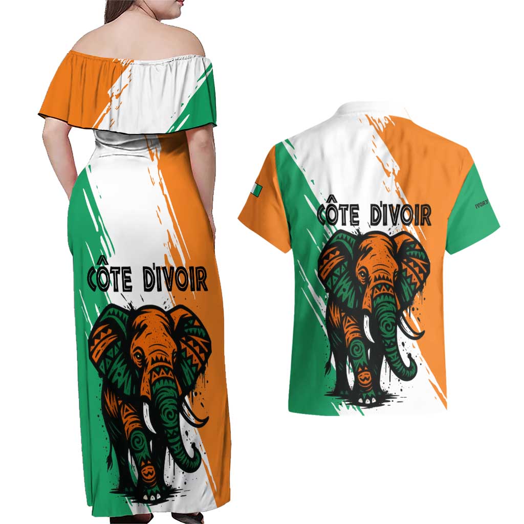 Ivory Coast Couples Matching Off Shoulder Maxi Dress and Hawaiian Shirt with Tribal Elephant and Paint Splash Design - Wonder Print Shop