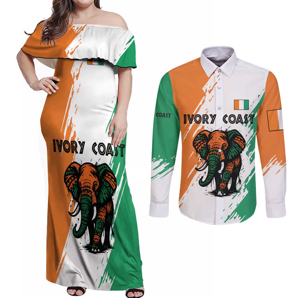 Ivory Coast Couples Matching Off Shoulder Maxi Dress and Long Sleeve Button Shirt with Tribal Elephant and Paint Splash Design - Wonder Print Shop