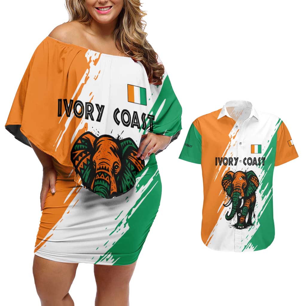 Ivory Coast Couples Matching Off Shoulder Short Dress and Hawaiian Shirt with Tribal Elephant and Paint Splash Design - Wonder Print Shop