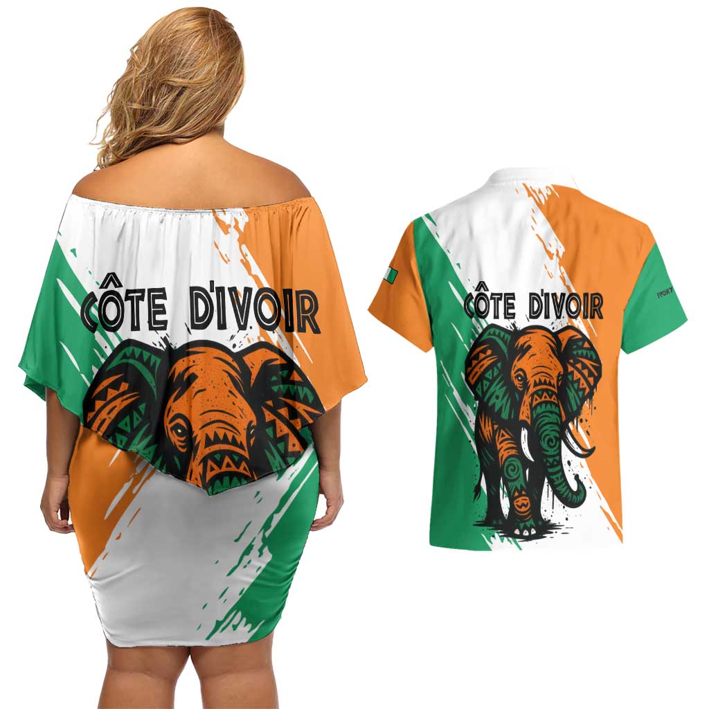 Ivory Coast Couples Matching Off Shoulder Short Dress and Hawaiian Shirt with Tribal Elephant and Paint Splash Design - Wonder Print Shop
