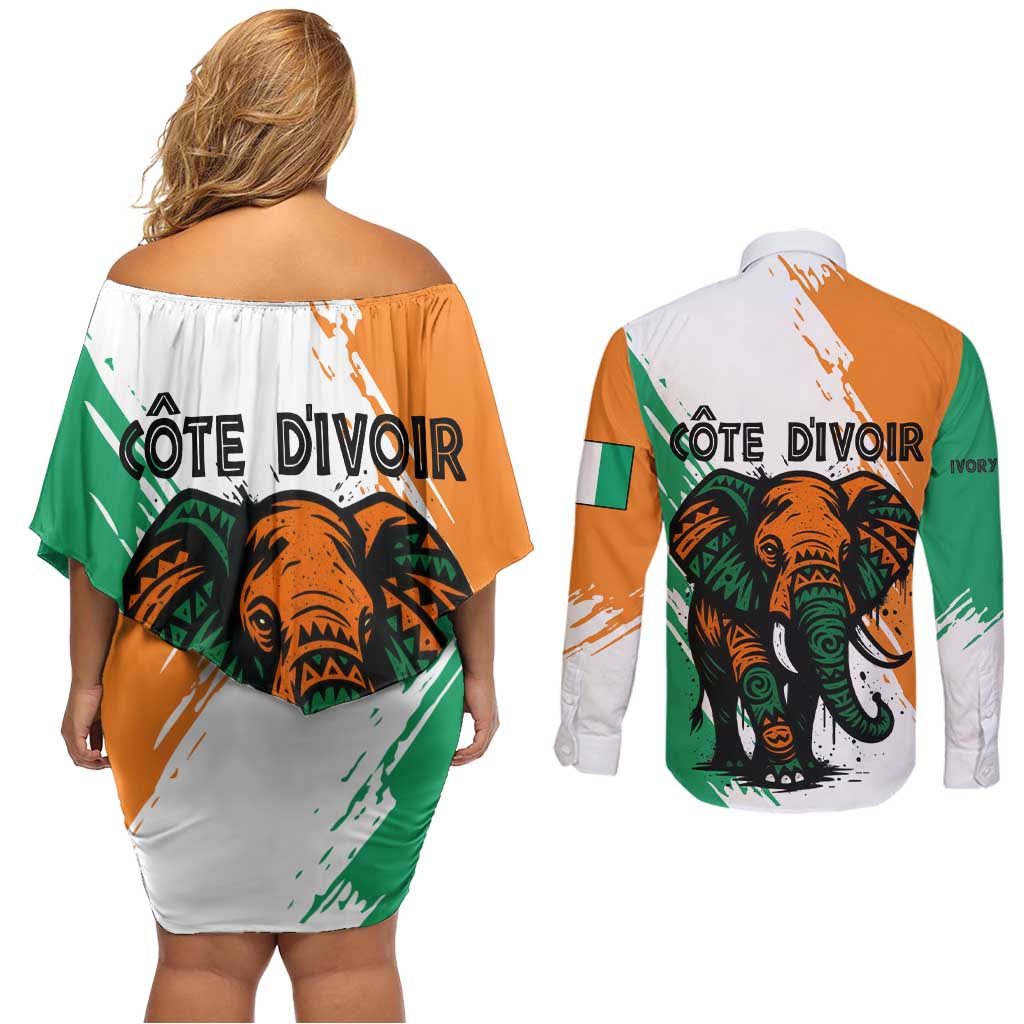 Ivory Coast Couples Matching Off Shoulder Short Dress and Long Sleeve Button Shirt with Tribal Elephant and Paint Splash Design - Wonder Print Shop