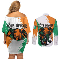 Ivory Coast Couples Matching Off Shoulder Short Dress and Long Sleeve Button Shirt with Tribal Elephant and Paint Splash Design - Wonder Print Shop
