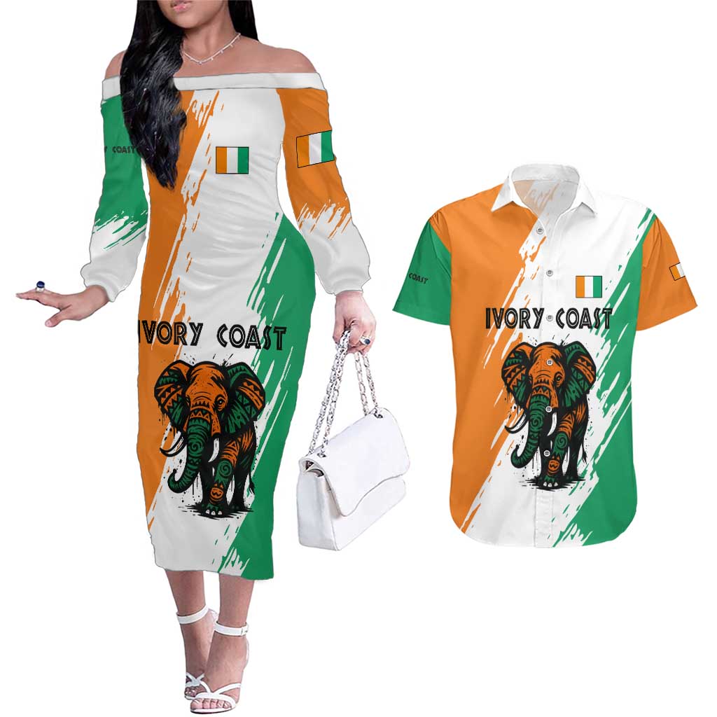Ivory Coast Couples Matching Off The Shoulder Long Sleeve Dress and Hawaiian Shirt with Tribal Elephant and Paint Splash Design - Wonder Print Shop