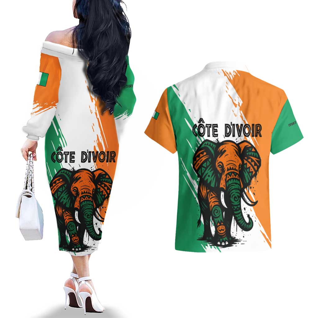 Ivory Coast Couples Matching Off The Shoulder Long Sleeve Dress and Hawaiian Shirt with Tribal Elephant and Paint Splash Design - Wonder Print Shop