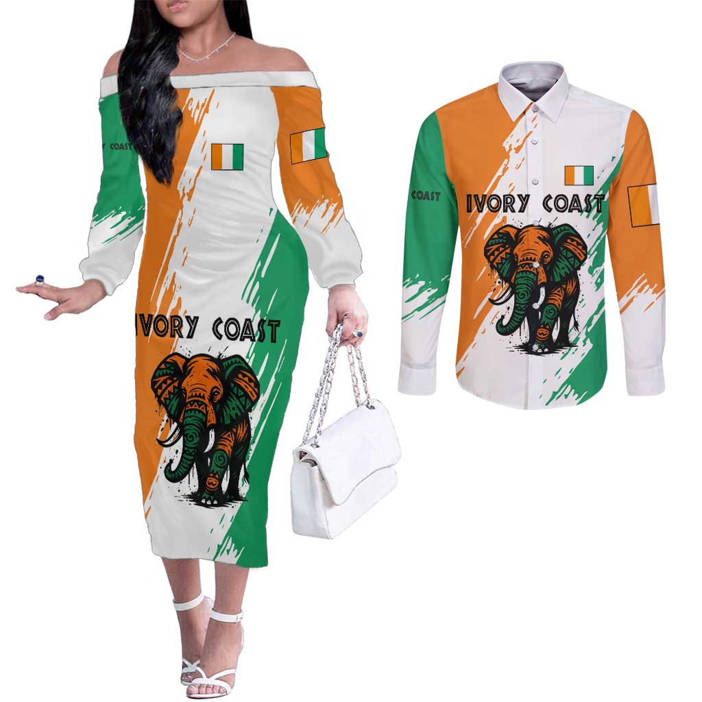 Ivory Coast Couples Matching Off The Shoulder Long Sleeve Dress and Long Sleeve Button Shirt with Tribal Elephant and Paint Splash Design - Wonder Print Shop