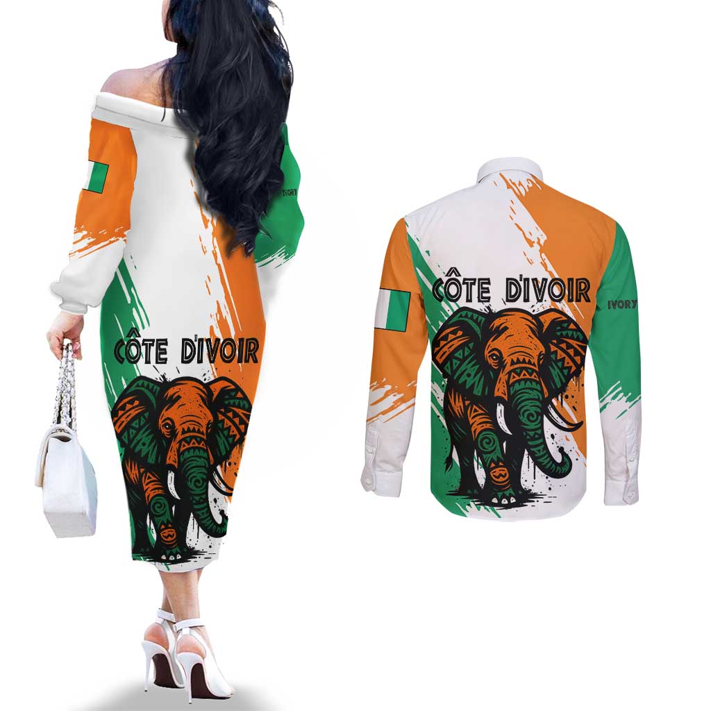 Ivory Coast Couples Matching Off The Shoulder Long Sleeve Dress and Long Sleeve Button Shirt with Tribal Elephant and Paint Splash Design - Wonder Print Shop