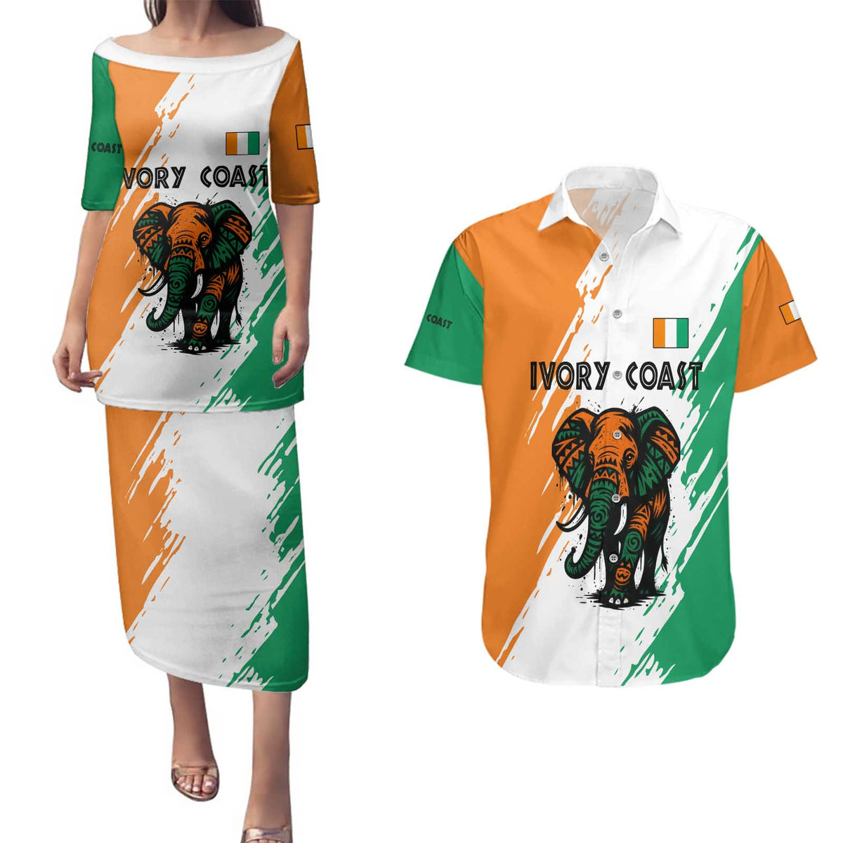 Ivory Coast Couples Matching Puletasi and Hawaiian Shirt with Tribal Elephant and Paint Splash Design - Wonder Print Shop