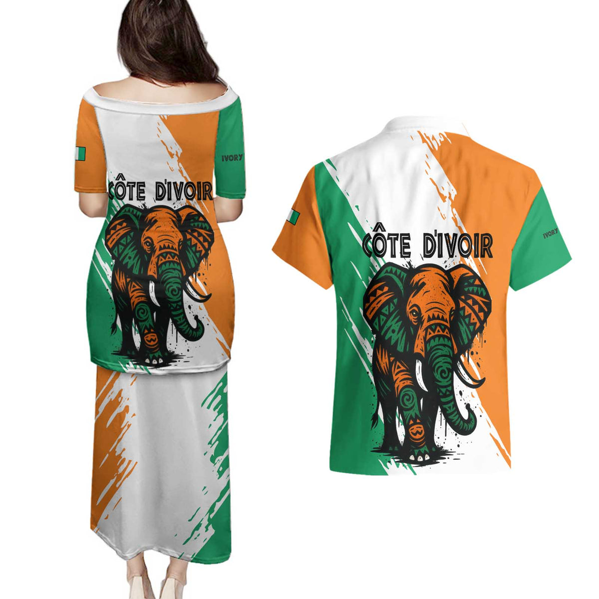 Ivory Coast Couples Matching Puletasi and Hawaiian Shirt with Tribal Elephant and Paint Splash Design - Wonder Print Shop