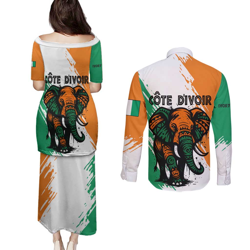 Ivory Coast Couples Matching Puletasi and Long Sleeve Button Shirt with Tribal Elephant and Paint Splash Design - Wonder Print Shop
