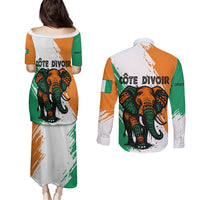 Ivory Coast Couples Matching Puletasi and Long Sleeve Button Shirt with Tribal Elephant and Paint Splash Design - Wonder Print Shop