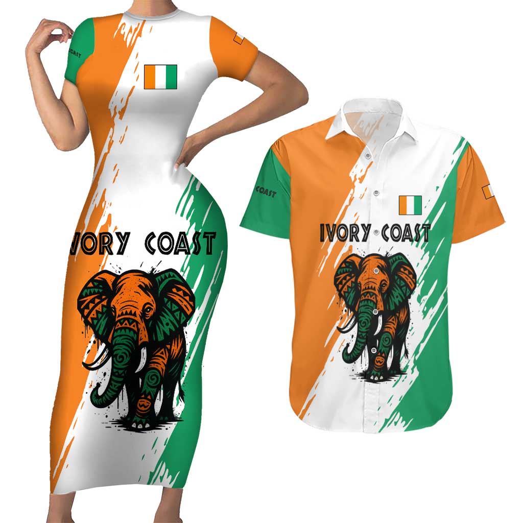 Ivory Coast Couples Matching Short Sleeve Bodycon Dress and Hawaiian Shirt with Tribal Elephant and Paint Splash Design - Wonder Print Shop