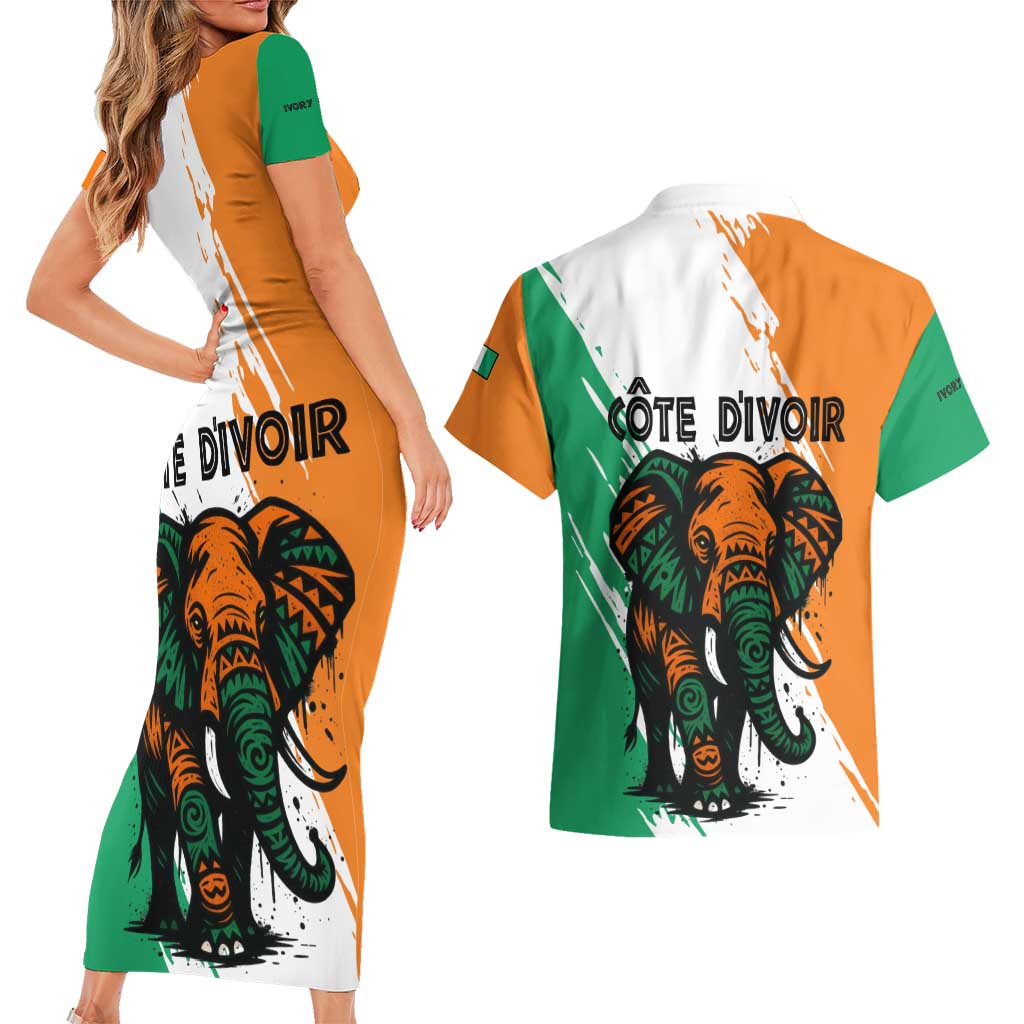 Ivory Coast Couples Matching Short Sleeve Bodycon Dress and Hawaiian Shirt with Tribal Elephant and Paint Splash Design - Wonder Print Shop