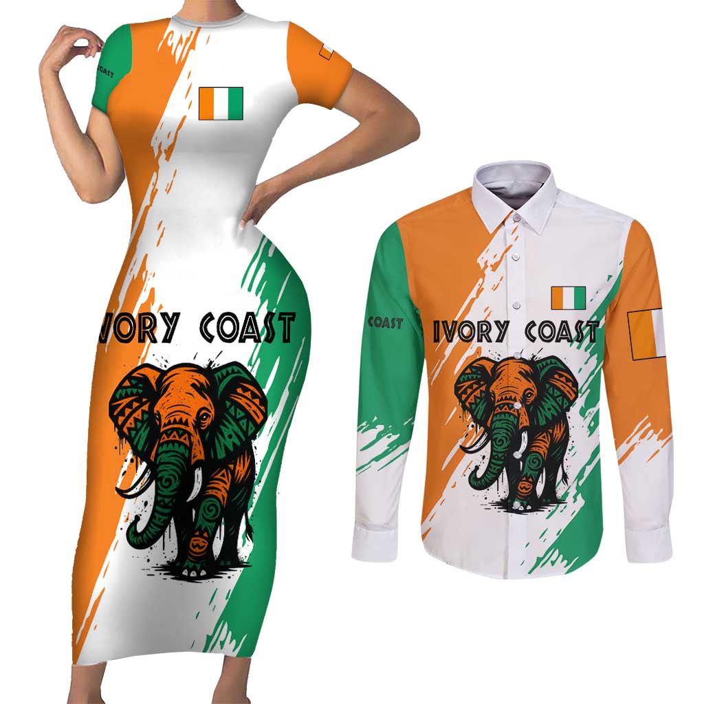 Ivory Coast Couples Matching Short Sleeve Bodycon Dress and Long Sleeve Button Shirt with Tribal Elephant and Paint Splash Design - Wonder Print Shop