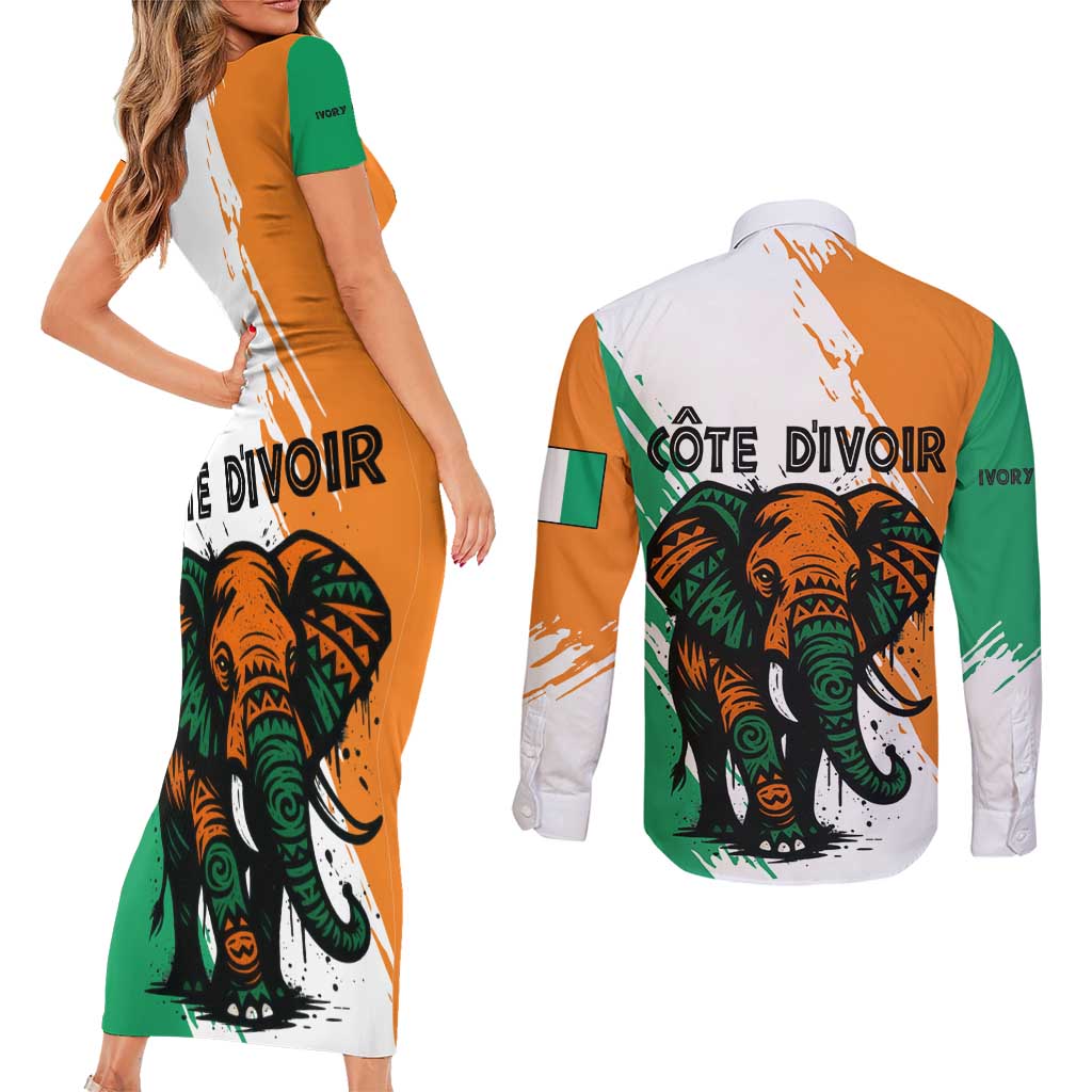 Ivory Coast Couples Matching Short Sleeve Bodycon Dress and Long Sleeve Button Shirt with Tribal Elephant and Paint Splash Design - Wonder Print Shop