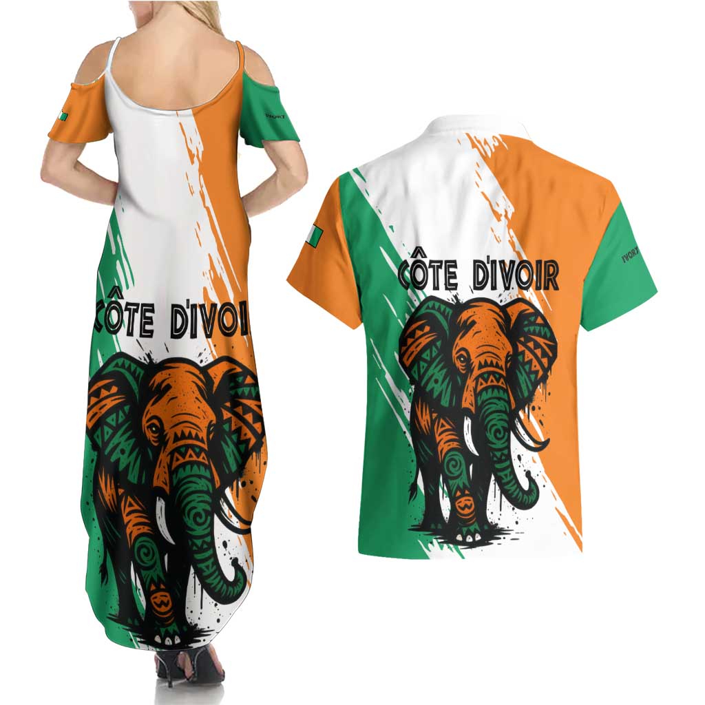 Ivory Coast Couples Matching Summer Maxi Dress and Hawaiian Shirt with Tribal Elephant and Paint Splash Design - Wonder Print Shop