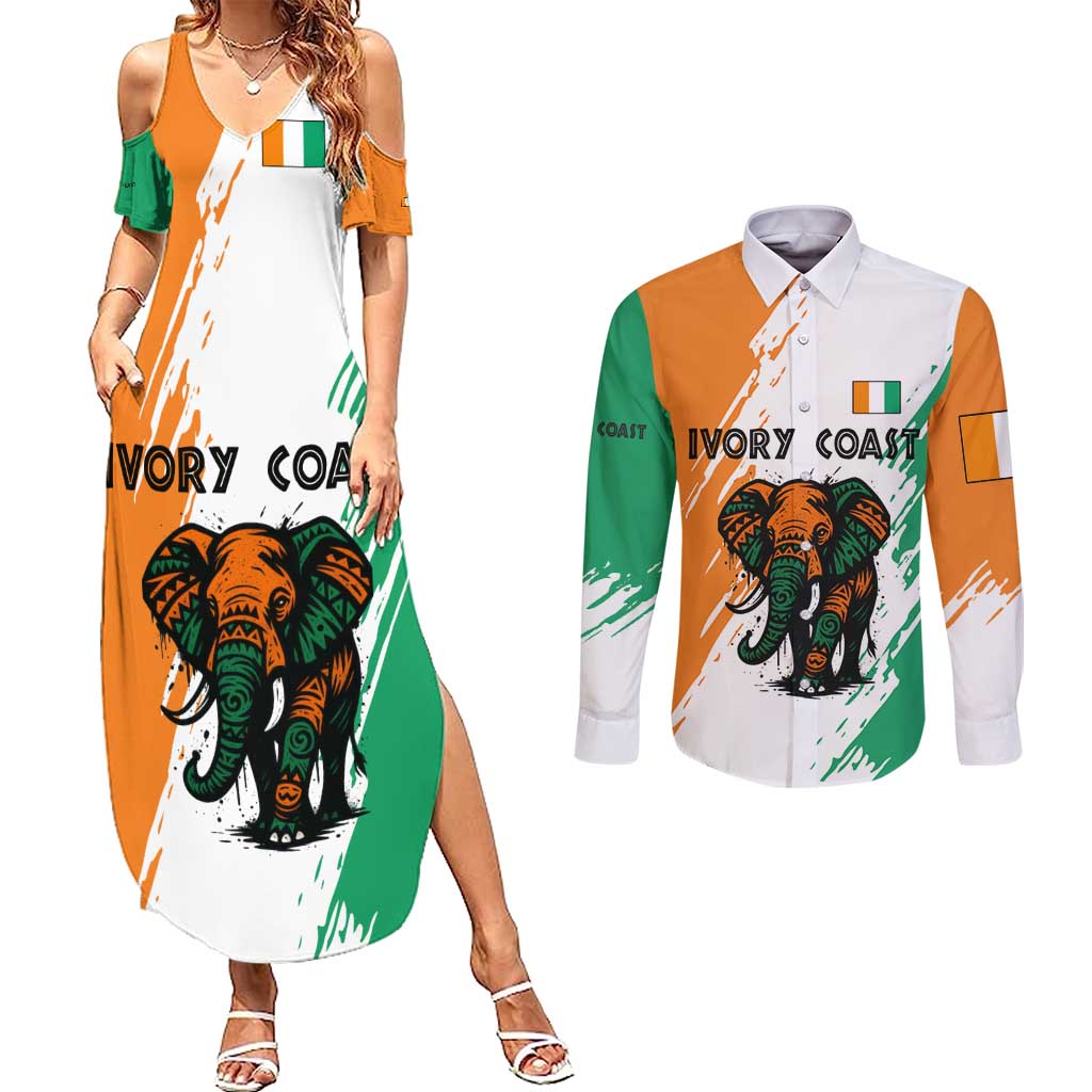 Ivory Coast Couples Matching Summer Maxi Dress and Long Sleeve Button Shirt with Tribal Elephant and Paint Splash Design - Wonder Print Shop