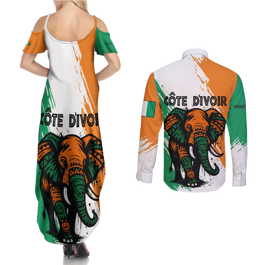 Ivory Coast Couples Matching Summer Maxi Dress and Long Sleeve Button Shirt with Tribal Elephant and Paint Splash Design - Wonder Print Shop
