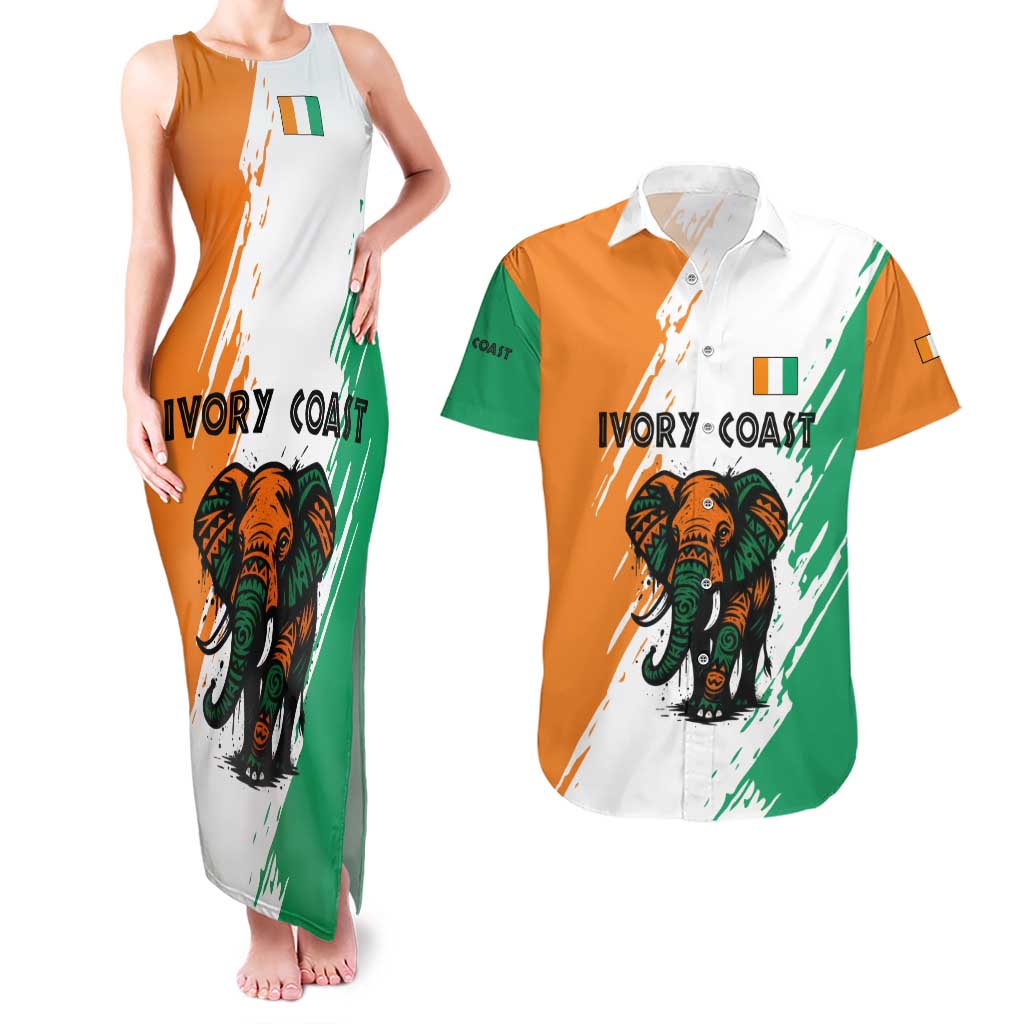 Ivory Coast Couples Matching Tank Maxi Dress and Hawaiian Shirt with Tribal Elephant and Paint Splash Design - Wonder Print Shop