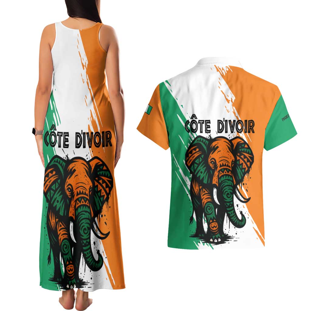 Ivory Coast Couples Matching Tank Maxi Dress and Hawaiian Shirt with Tribal Elephant and Paint Splash Design - Wonder Print Shop