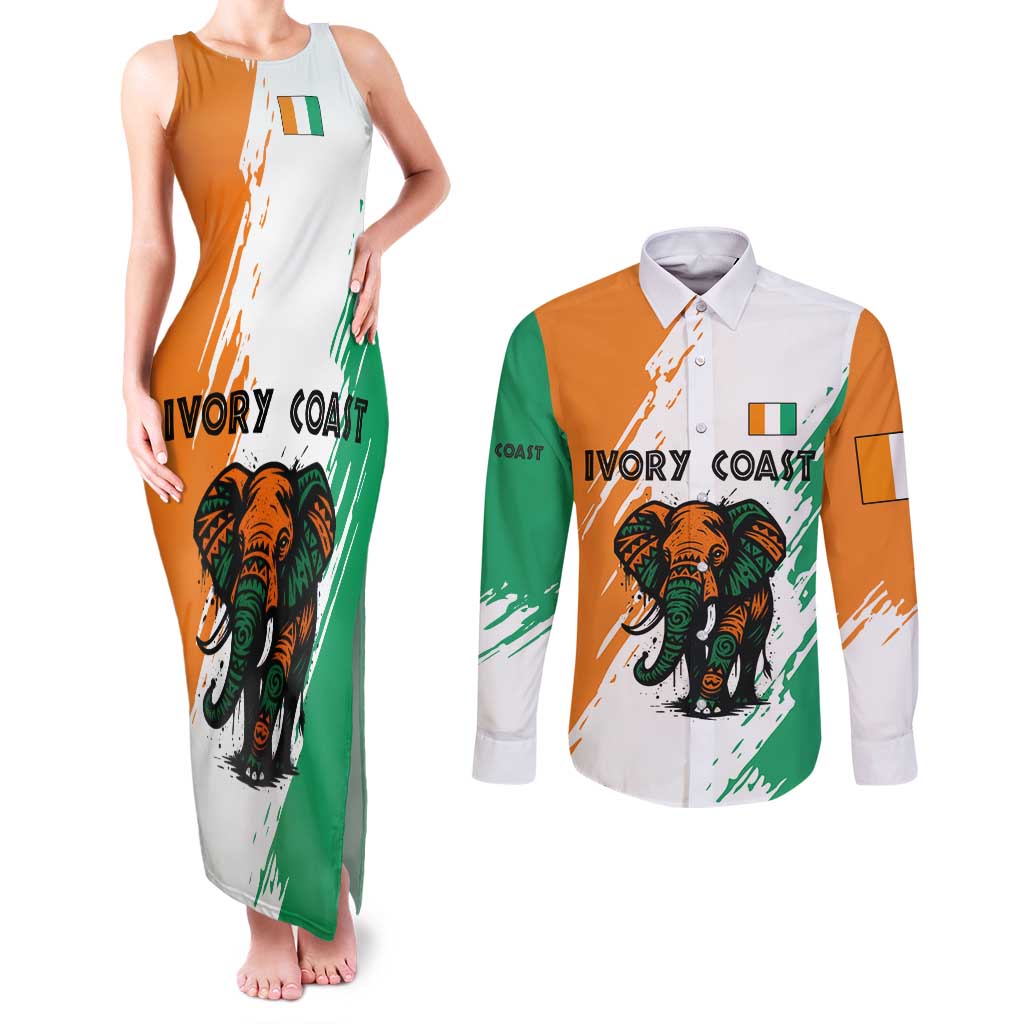 Ivory Coast Couples Matching Tank Maxi Dress and Long Sleeve Button Shirt with Tribal Elephant and Paint Splash Design - Wonder Print Shop
