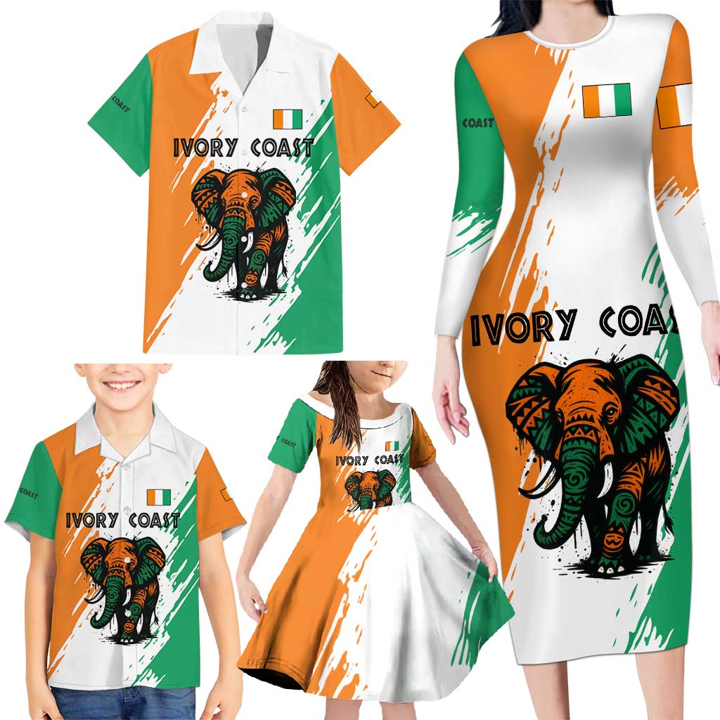 Ivory Coast Family Matching Long Sleeve Bodycon Dress and Hawaiian Shirt with Tribal Elephant and Paint Splash Design - Wonder Print Shop