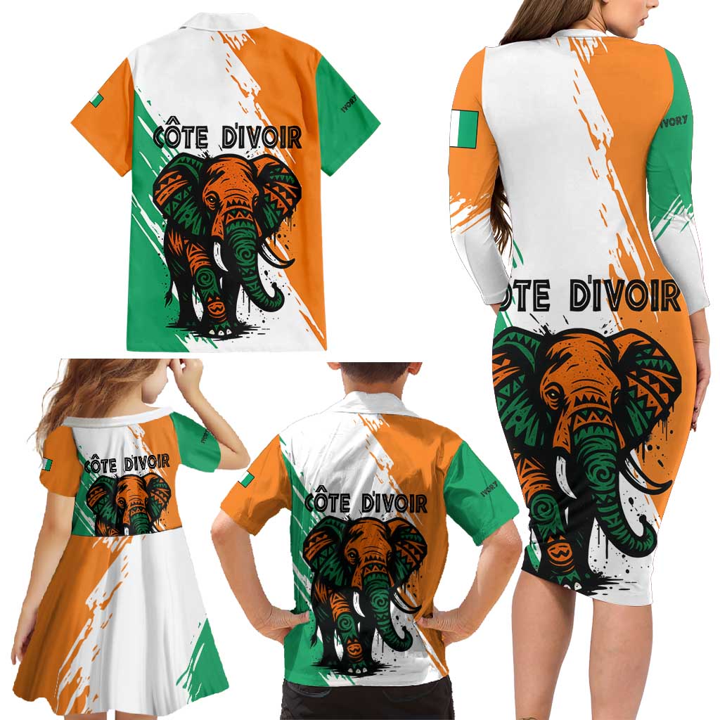 Ivory Coast Family Matching Long Sleeve Bodycon Dress and Hawaiian Shirt with Tribal Elephant and Paint Splash Design - Wonder Print Shop