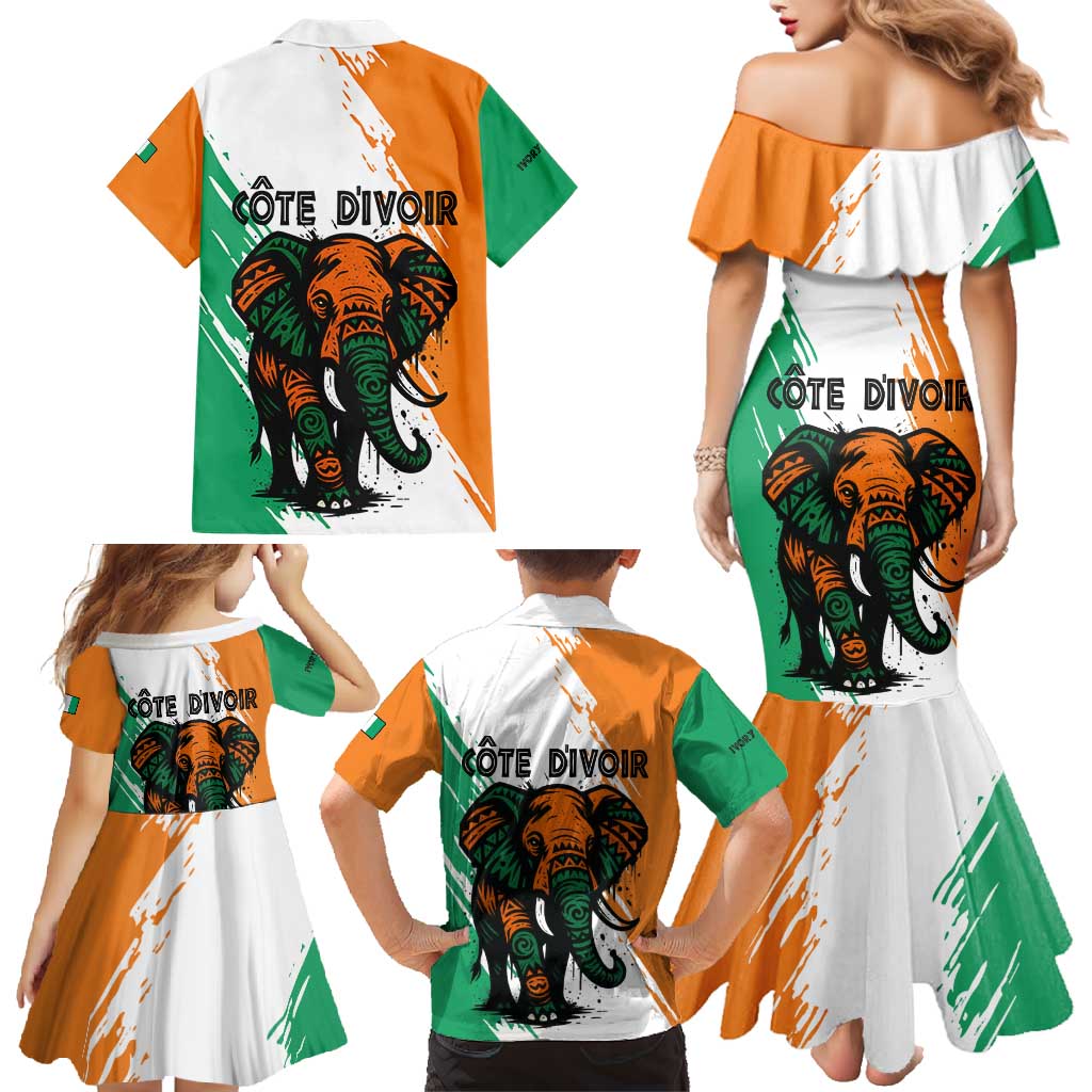 Ivory Coast Family Matching Mermaid Dress and Hawaiian Shirt with Tribal Elephant and Paint Splash Design - Wonder Print Shop
