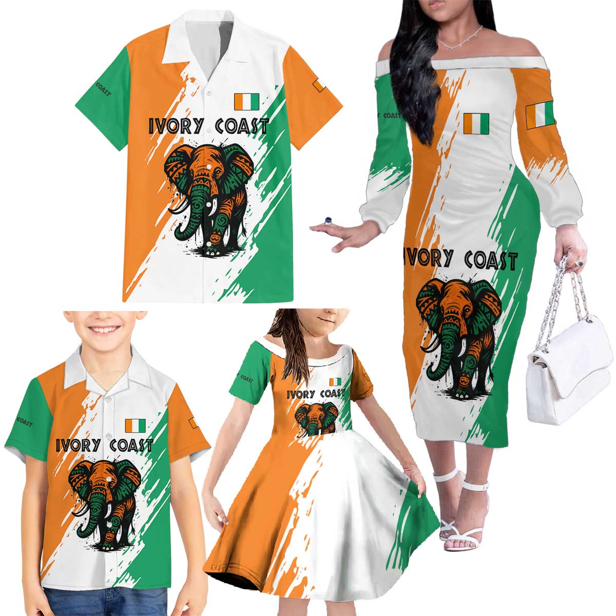 Ivory Coast Family Matching Off The Shoulder Long Sleeve Dress and Hawaiian Shirt with Tribal Elephant and Paint Splash Design - Wonder Print Shop