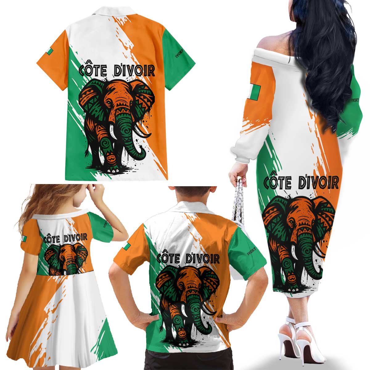 Ivory Coast Family Matching Off The Shoulder Long Sleeve Dress and Hawaiian Shirt with Tribal Elephant and Paint Splash Design - Wonder Print Shop