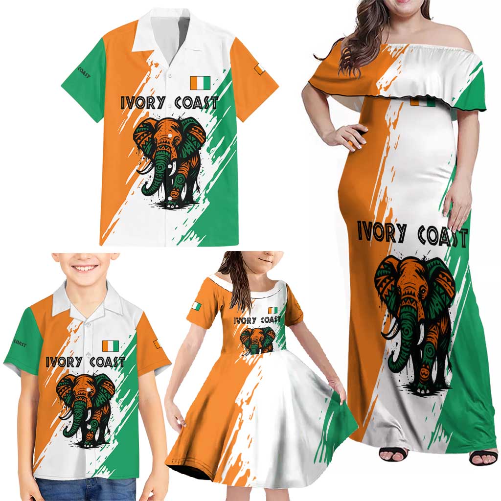 Ivory Coast Family Matching Off Shoulder Maxi Dress and Hawaiian Shirt with Tribal Elephant and Paint Splash Design - Wonder Print Shop