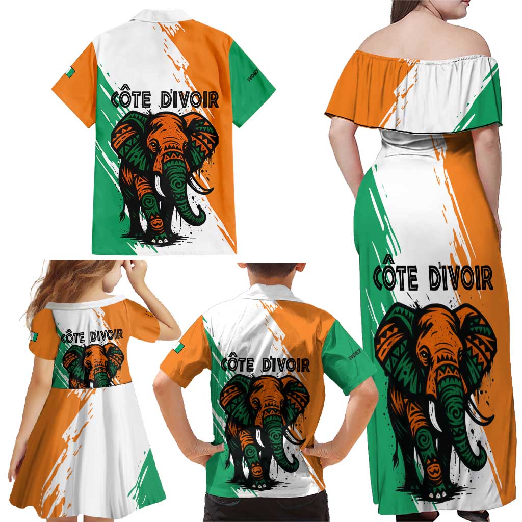 Ivory Coast Family Matching Off Shoulder Maxi Dress and Hawaiian Shirt with Tribal Elephant and Paint Splash Design - Wonder Print Shop
