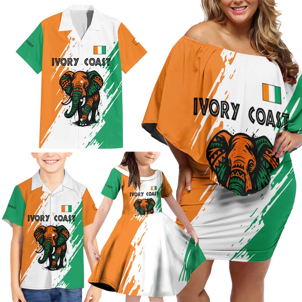 Ivory Coast Family Matching Off Shoulder Short Dress and Hawaiian Shirt with Tribal Elephant and Paint Splash Design - Wonder Print Shop