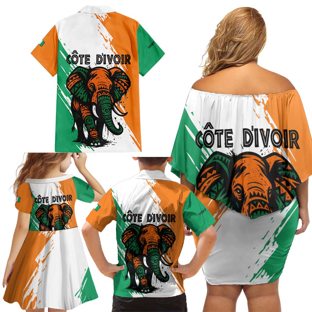 Ivory Coast Family Matching Off Shoulder Short Dress and Hawaiian Shirt with Tribal Elephant and Paint Splash Design - Wonder Print Shop