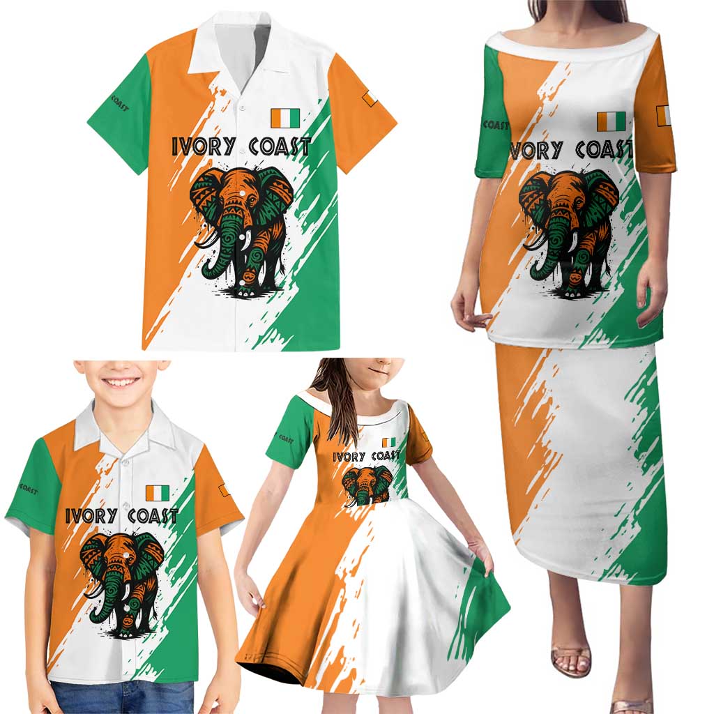 Ivory Coast Family Matching Puletasi and Hawaiian Shirt with Tribal Elephant and Paint Splash Design - Wonder Print Shop