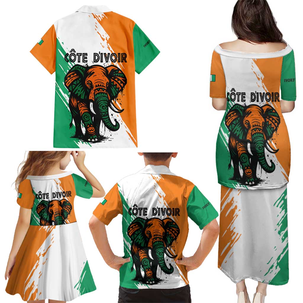 Ivory Coast Family Matching Puletasi and Hawaiian Shirt with Tribal Elephant and Paint Splash Design - Wonder Print Shop
