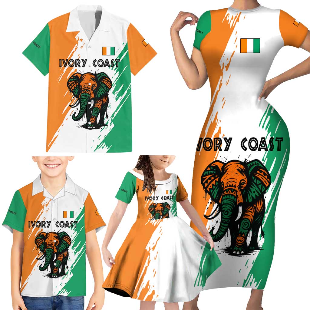 Ivory Coast Family Matching Short Sleeve Bodycon Dress and Hawaiian Shirt with Tribal Elephant and Paint Splash Design - Wonder Print Shop
