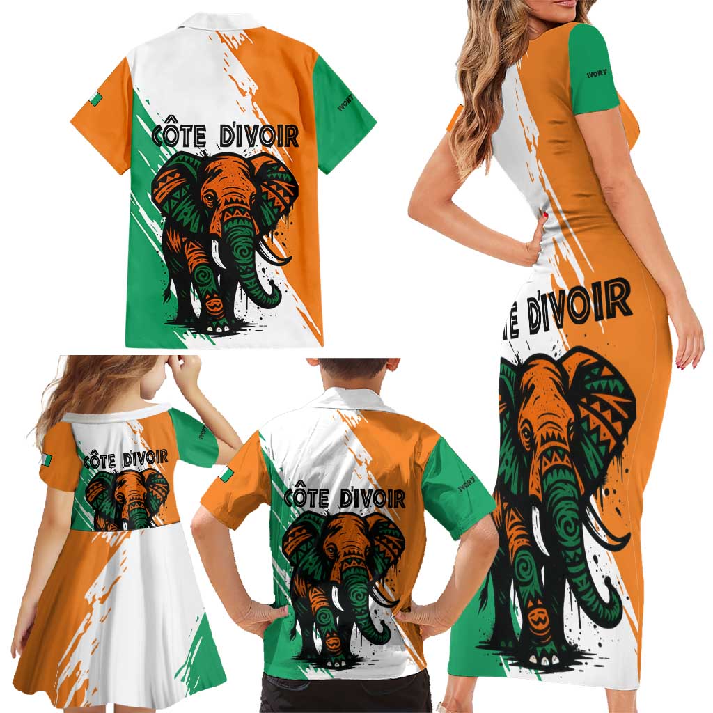 Ivory Coast Family Matching Short Sleeve Bodycon Dress and Hawaiian Shirt with Tribal Elephant and Paint Splash Design - Wonder Print Shop