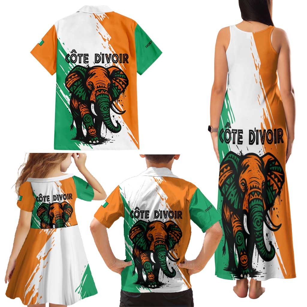 Ivory Coast Family Matching Tank Maxi Dress and Hawaiian Shirt with Tribal Elephant and Paint Splash Design - Wonder Print Shop
