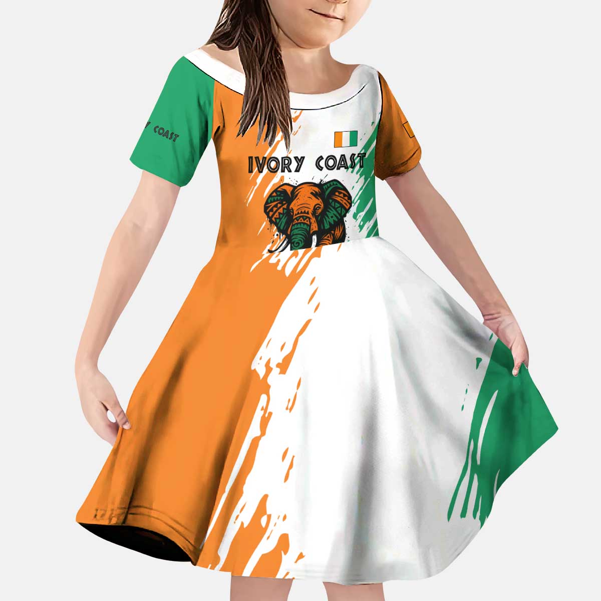 Ivory Coast Kid Short Sleeve Dress with Tribal Elephant and Paint Splash Design - Wonder Print Shop