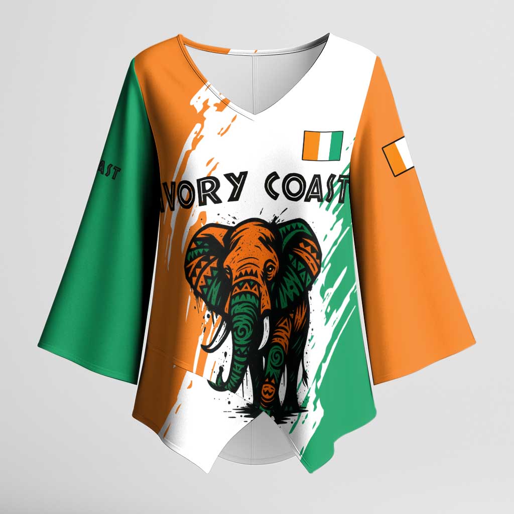 Ivory Coast Kimono Sleeve Blouse with Tribal Elephant and Paint Splash Design - Wonder Print Shop