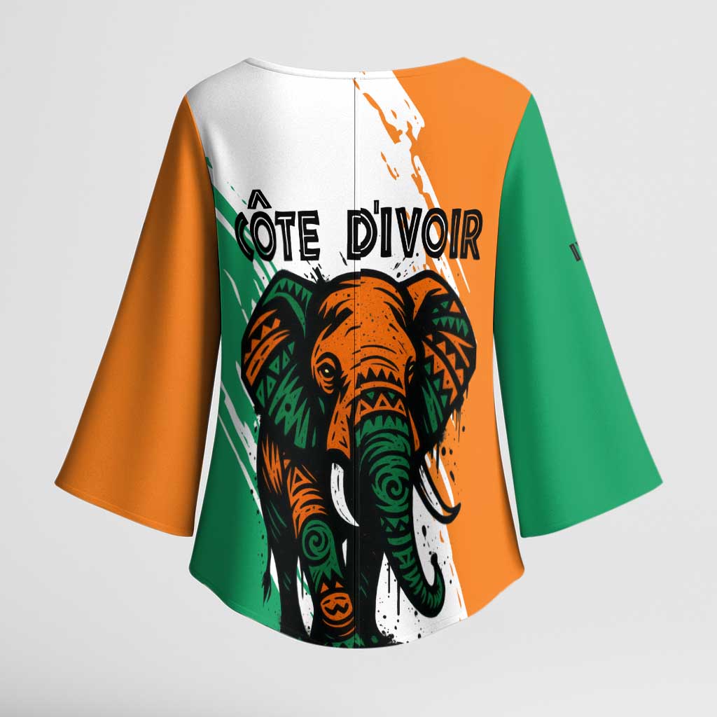 Ivory Coast Kimono Sleeve Blouse with Tribal Elephant and Paint Splash Design - Wonder Print Shop