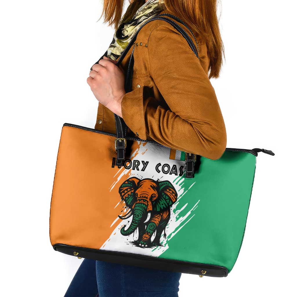 Ivory Coast Leather Tote Bag with Tribal Elephant and Paint Splash Design - Wonder Print Shop