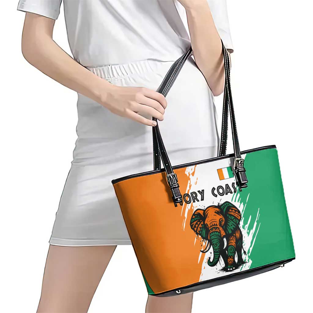 Ivory Coast Leather Tote Bag with Tribal Elephant and Paint Splash Design - Wonder Print Shop
