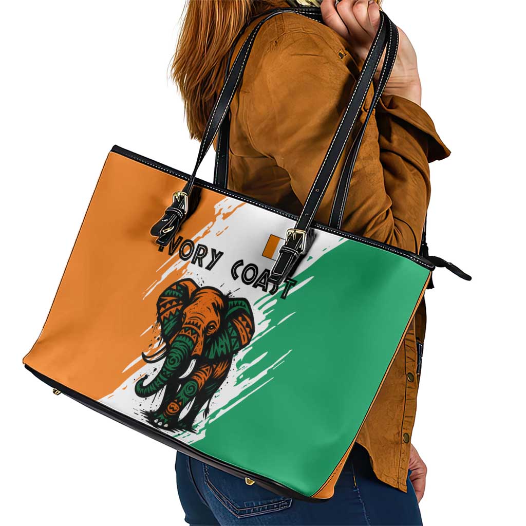 Ivory Coast Leather Tote Bag with Tribal Elephant and Paint Splash Design - Wonder Print Shop