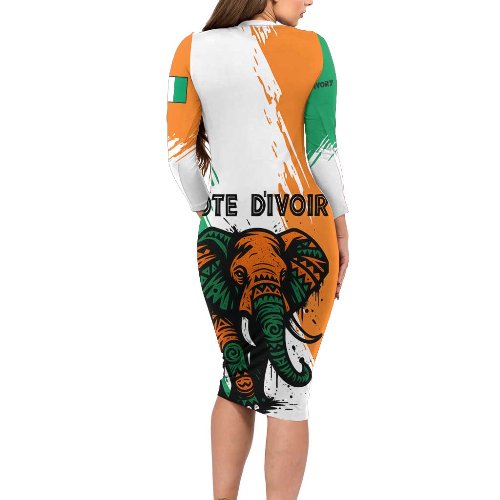 Ivory Coast Long Sleeve Bodycon Dress with Tribal Elephant and Paint Splash Design - Wonder Print Shop