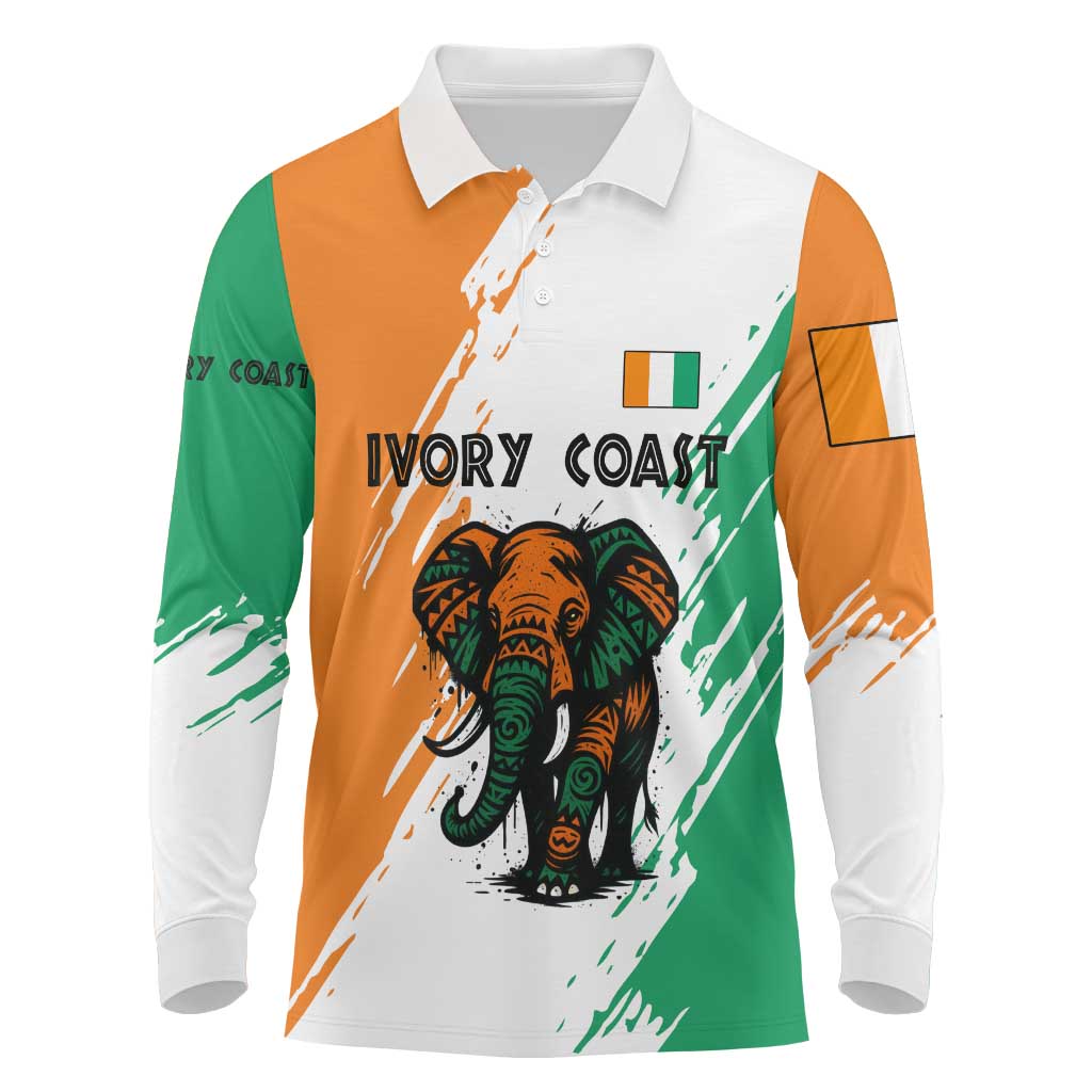 Ivory Coast Long Sleeve Polo Shirt with Tribal Elephant and Paint Splash Design - Wonder Print Shop