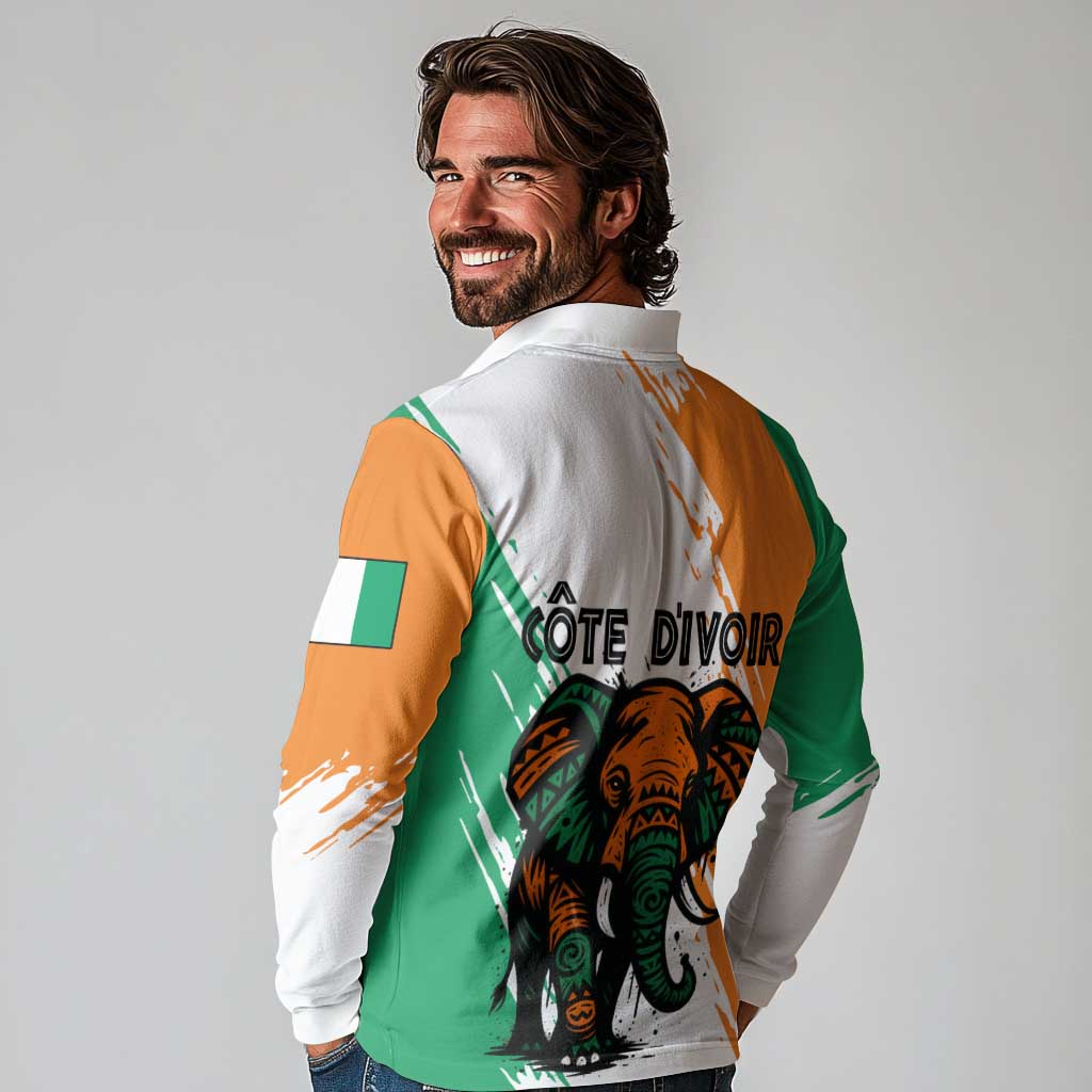 Ivory Coast Long Sleeve Polo Shirt with Tribal Elephant and Paint Splash Design - Wonder Print Shop