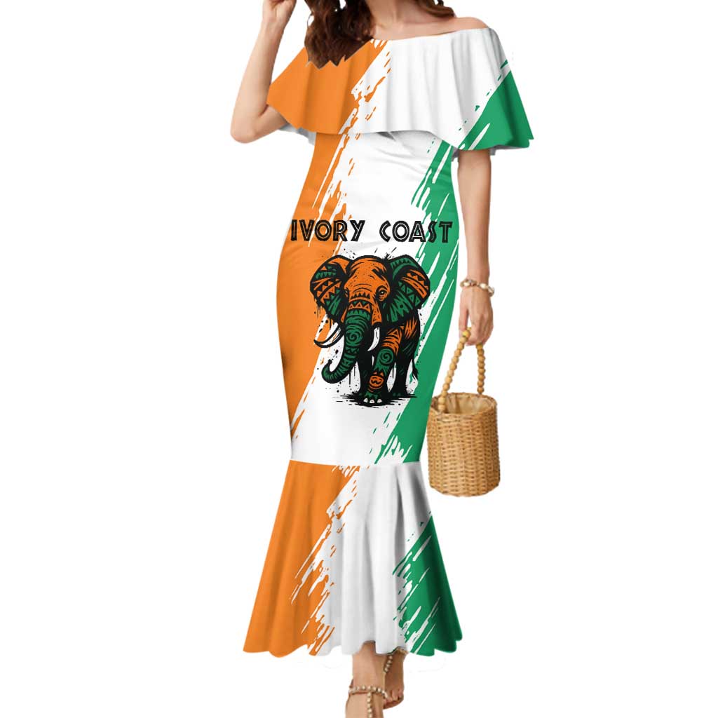 Ivory Coast Mermaid Dress with Tribal Elephant and Paint Splash Design - Wonder Print Shop