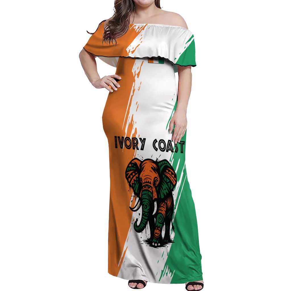 Ivory Coast Off Shoulder Maxi Dress with Tribal Elephant and Paint Splash Design - Wonder Print Shop