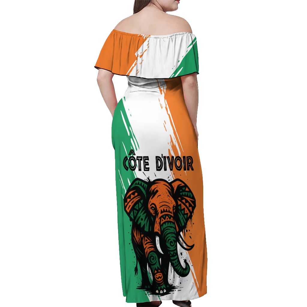 Ivory Coast Off Shoulder Maxi Dress with Tribal Elephant and Paint Splash Design - Wonder Print Shop
